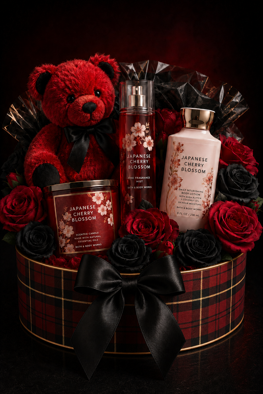 Luxury Japanese Cherry Blossom gift basket in a red and black plaid hat box